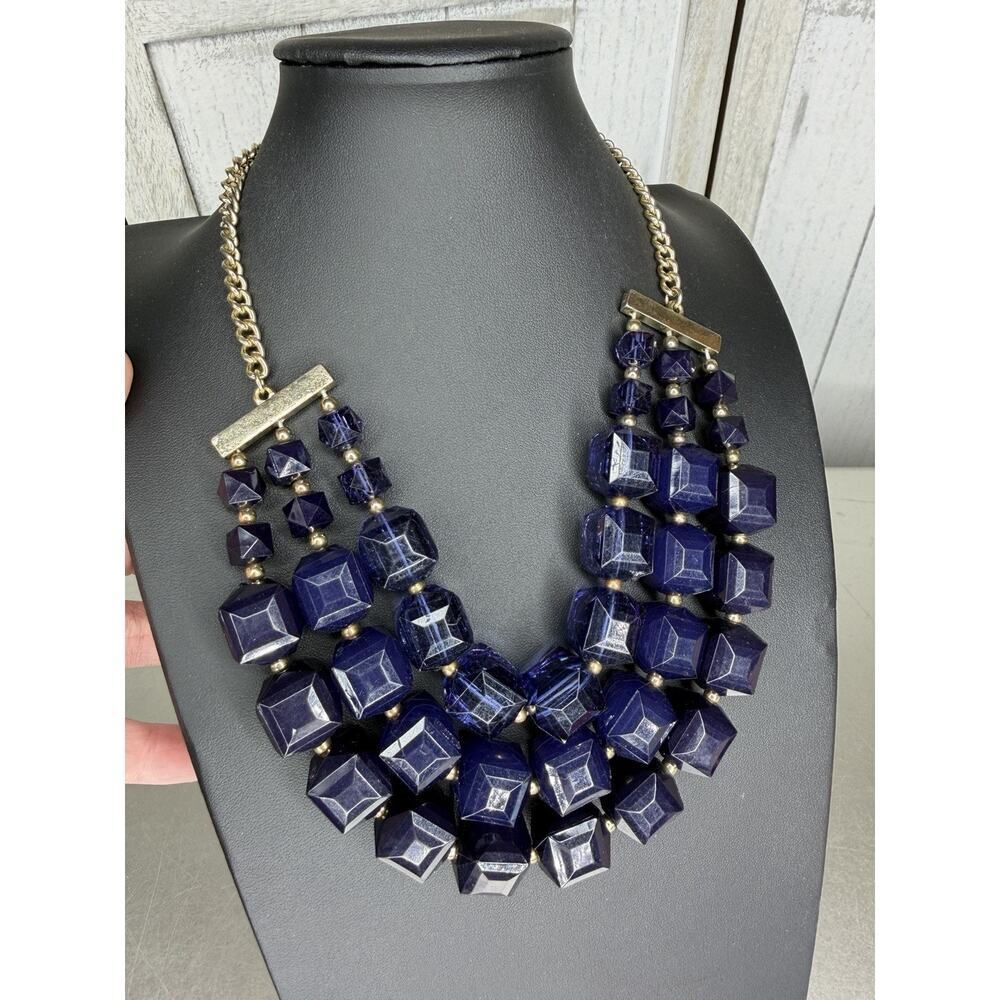 Chunky Multi-Strand Beaded Necklace Navy Blue Cube Layers Party Glam